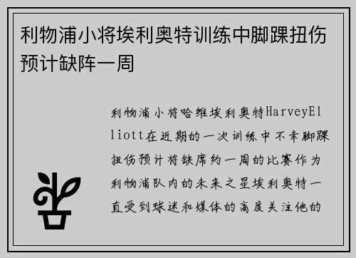 利物浦小将埃利奥特训练中脚踝扭伤预计缺阵一周