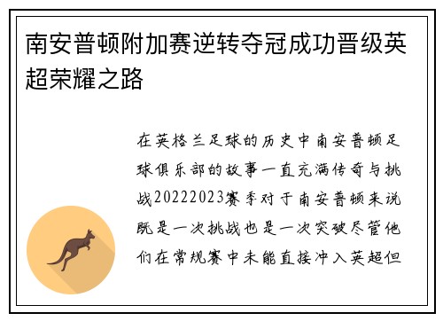 南安普顿附加赛逆转夺冠成功晋级英超荣耀之路