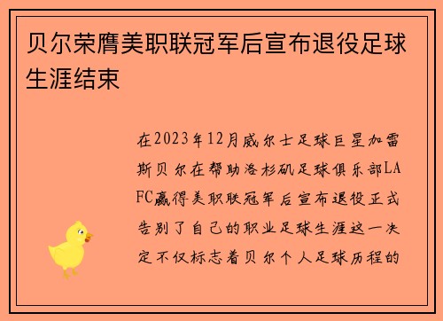 贝尔荣膺美职联冠军后宣布退役足球生涯结束